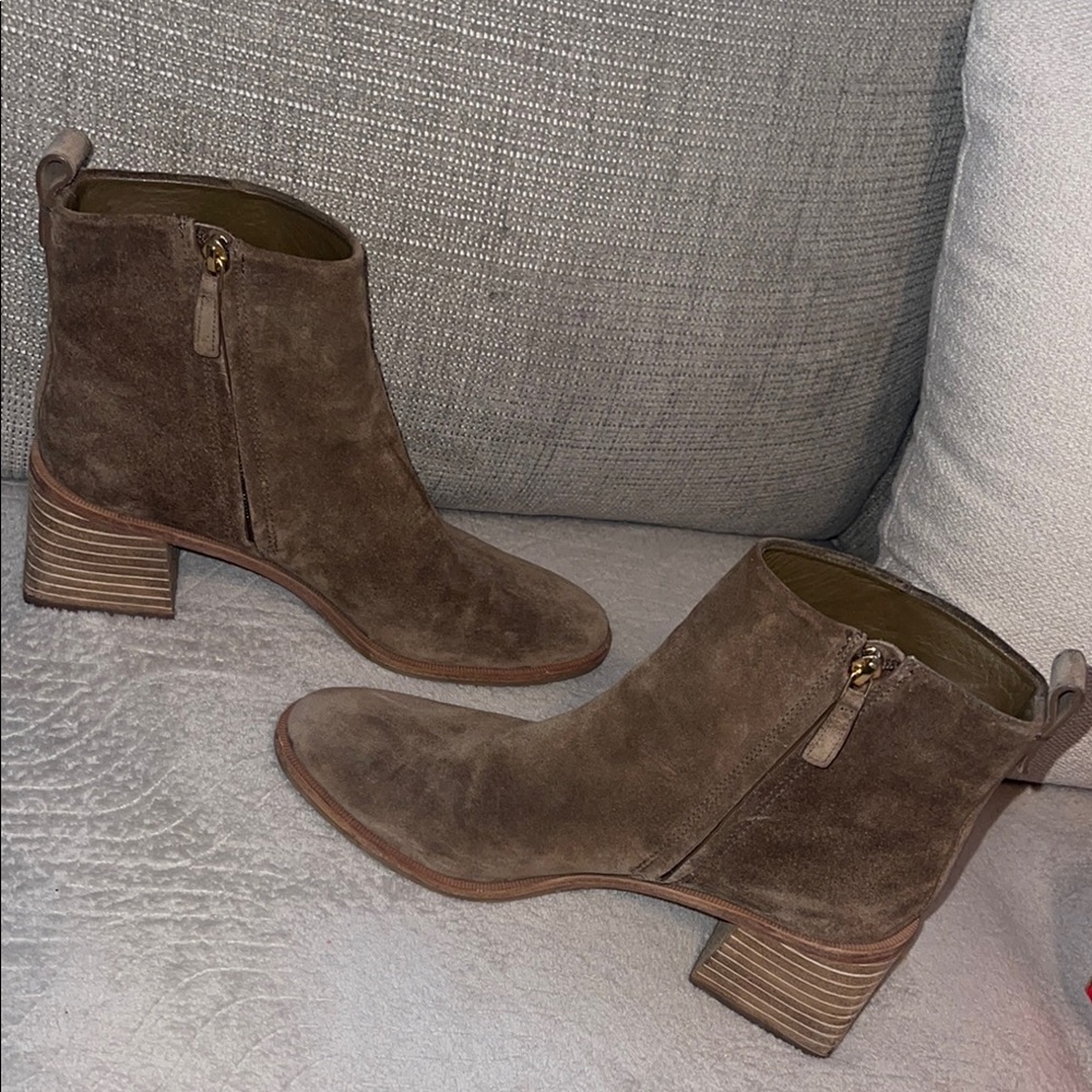 Tory Burch Boots Zip Up Booties Flared Block Heel Brown Suede
